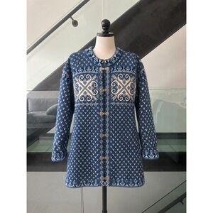 Nordstrikk Norwegian Wool Cardigan Blue White Fair Isle Metal Clasp Sweater